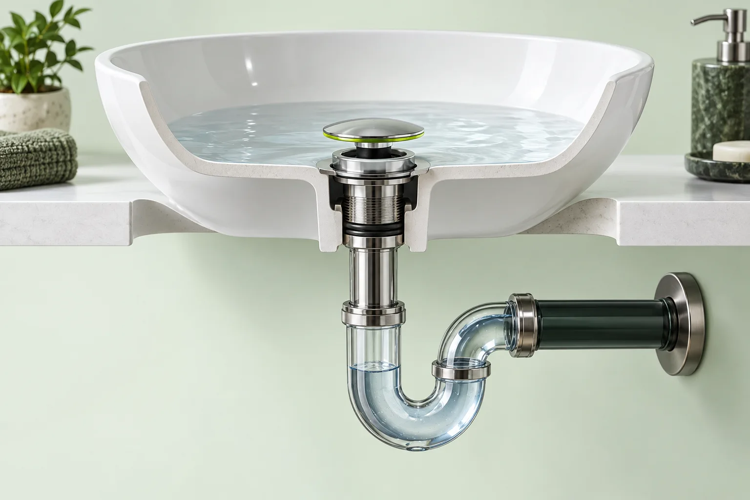 Cutaway basin with a raised stopper, retained water and visible trap.