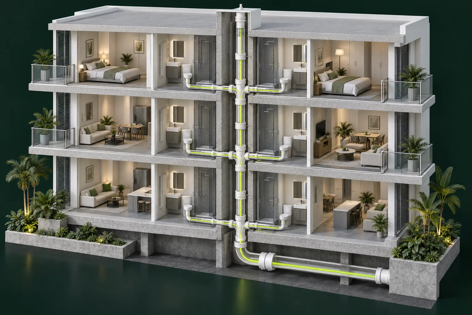 Conceptual building cutaway with drains serving multiple homes.