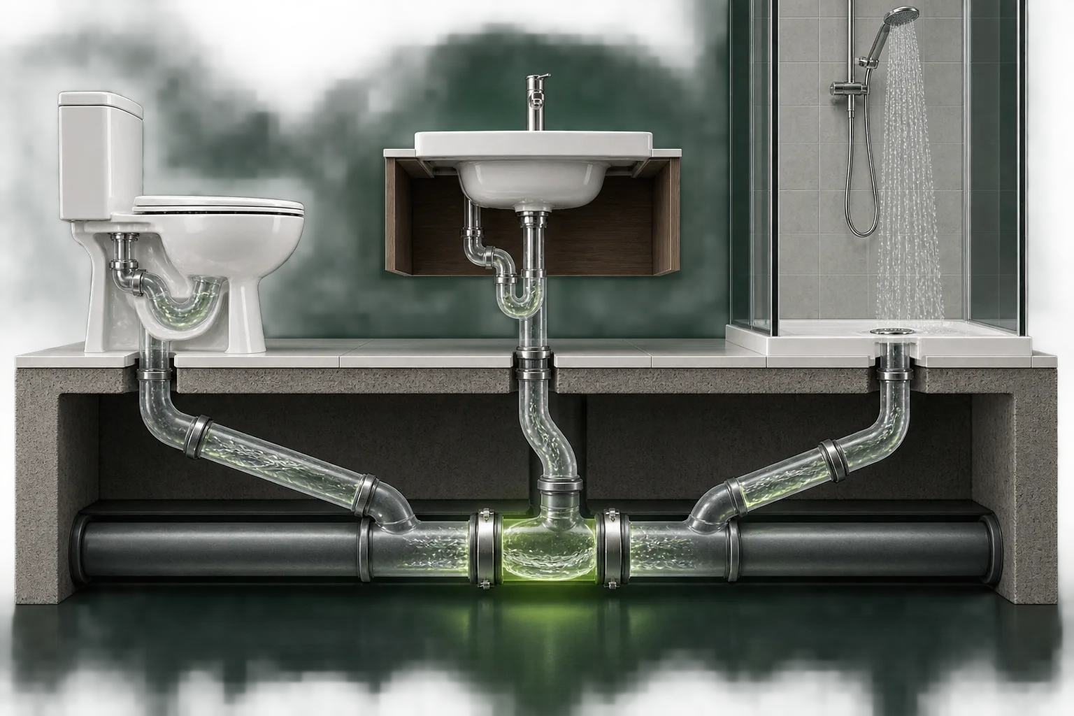 Toilet, sink and shower connected to a shared drain line.