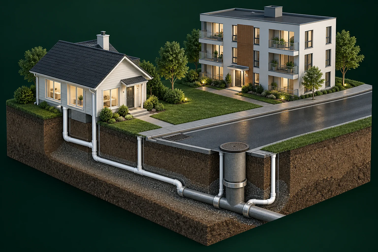 Conceptual model of a house, shared building and street sewer network.