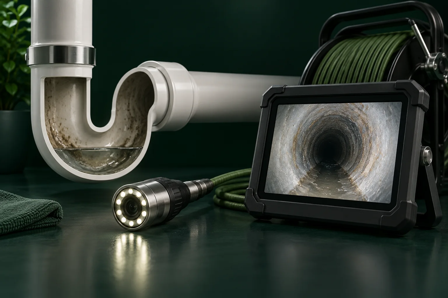 Camera and monitor showing the visible interior of a drain.