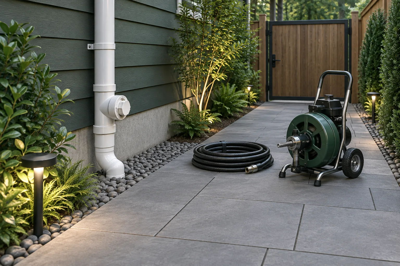 Side yard with a cleanout and space for the pressure hose.