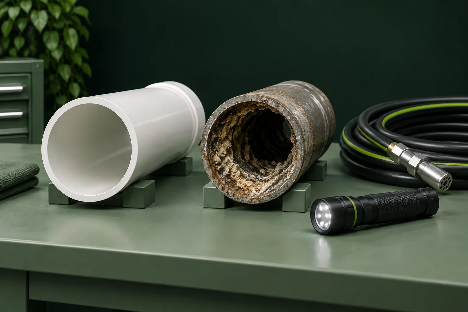Pipe samples and equipment for assessing a cleaning method.