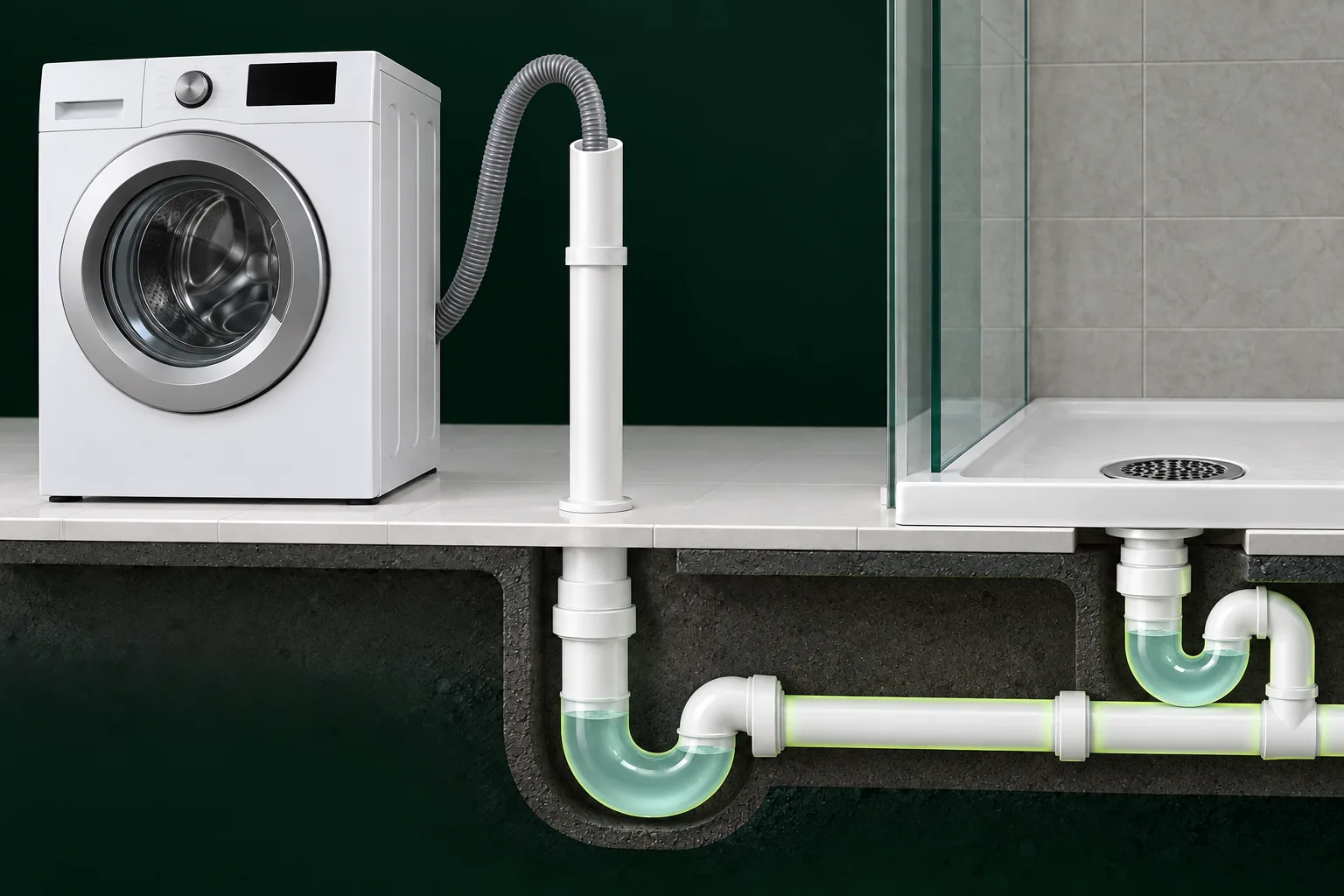 Washer hose, standpipe and trap connecting to a line alongside a shower.