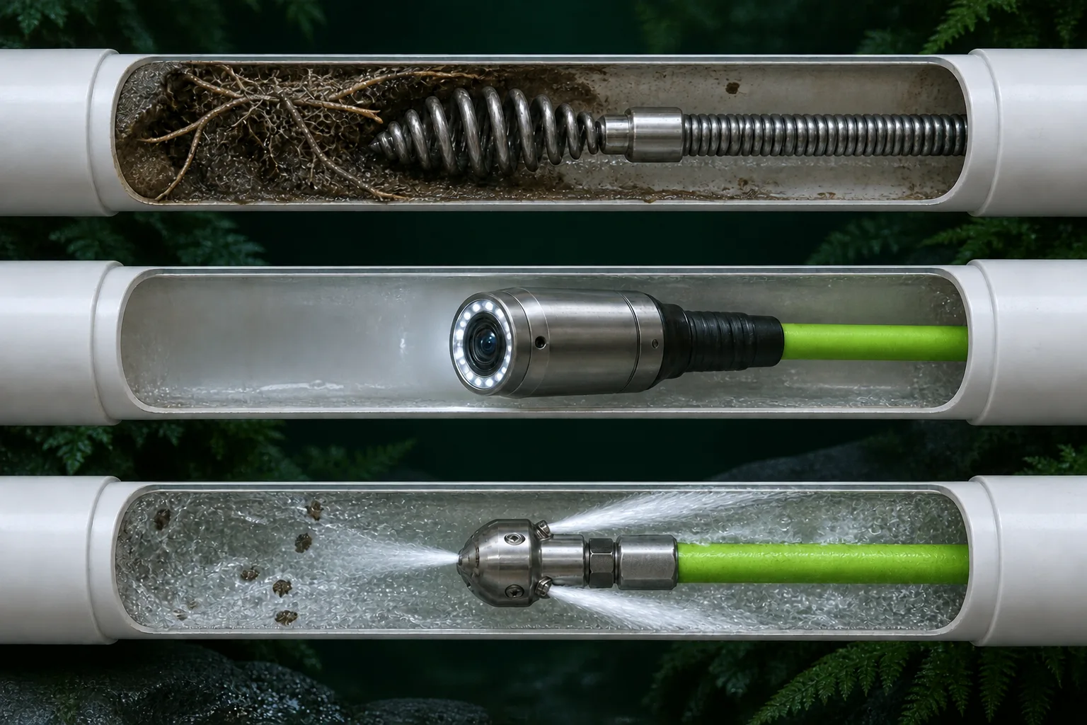 Clearing cable, inspection camera and water nozzle for three different tasks.