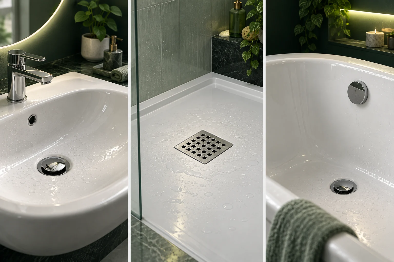 Basin, shower and bathtub as separate drainage points.