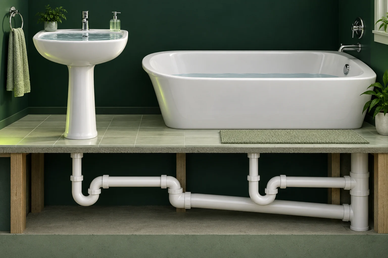 Two fixtures on a shared line, with raised water in one fixture.