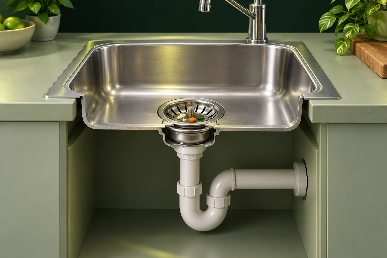Kitchen strainer, accessible debris and the drain below the sink.