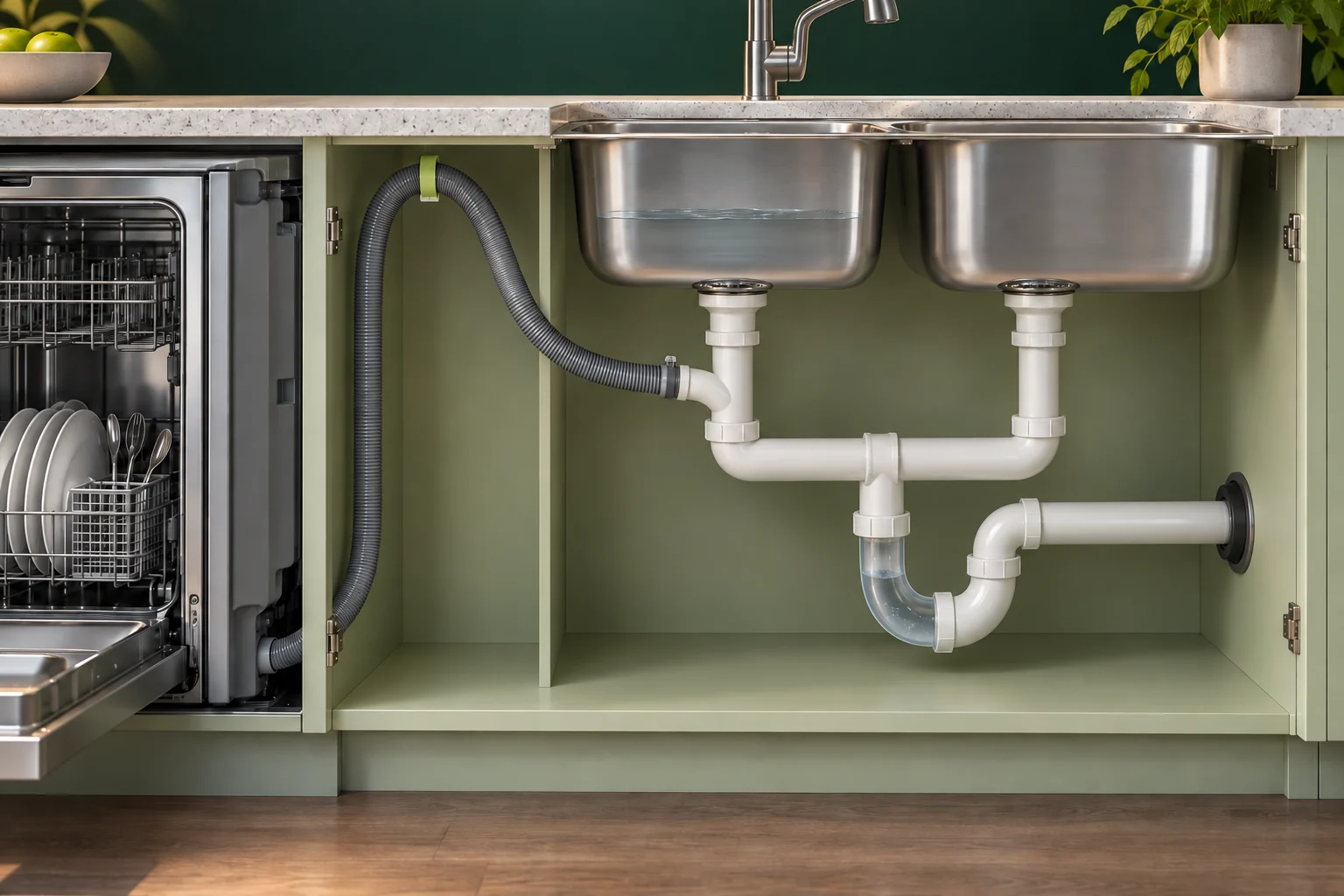 Two sink bowls and a dishwasher high-loop hose connecting upstream of one trap.
