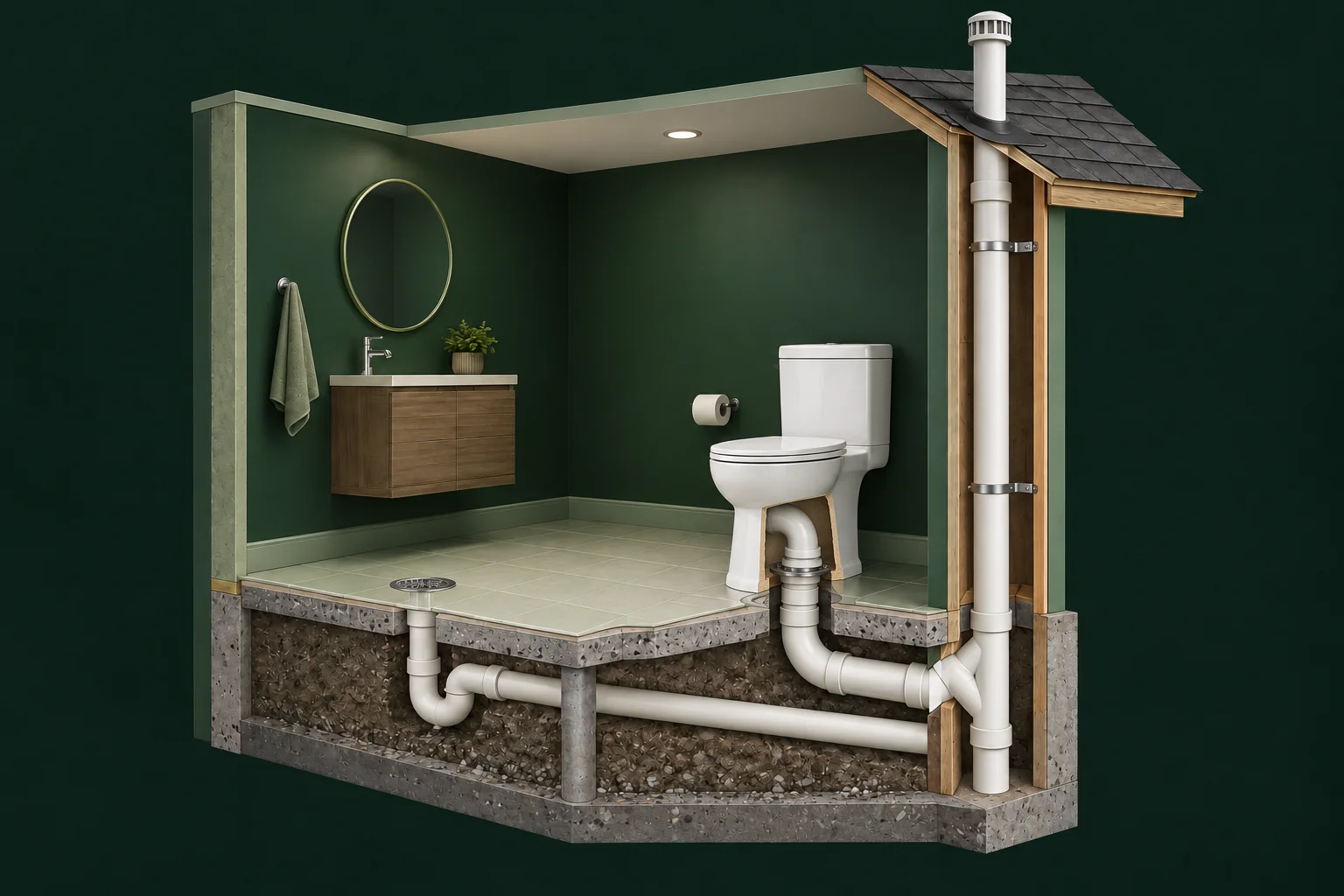 Bathroom cutaway showing a trap, toilet base connection and vent pipe.