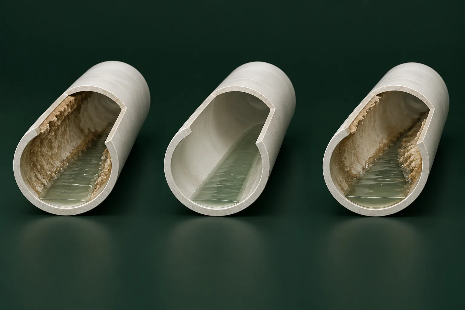 Three pipe samples represent restriction, restored flow and a returning restriction.