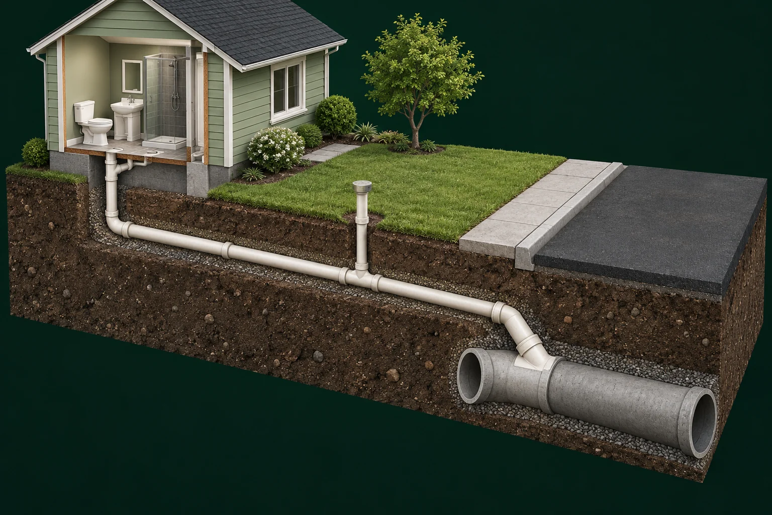 House, yard cleanout and lateral connecting to the sewer below the street.