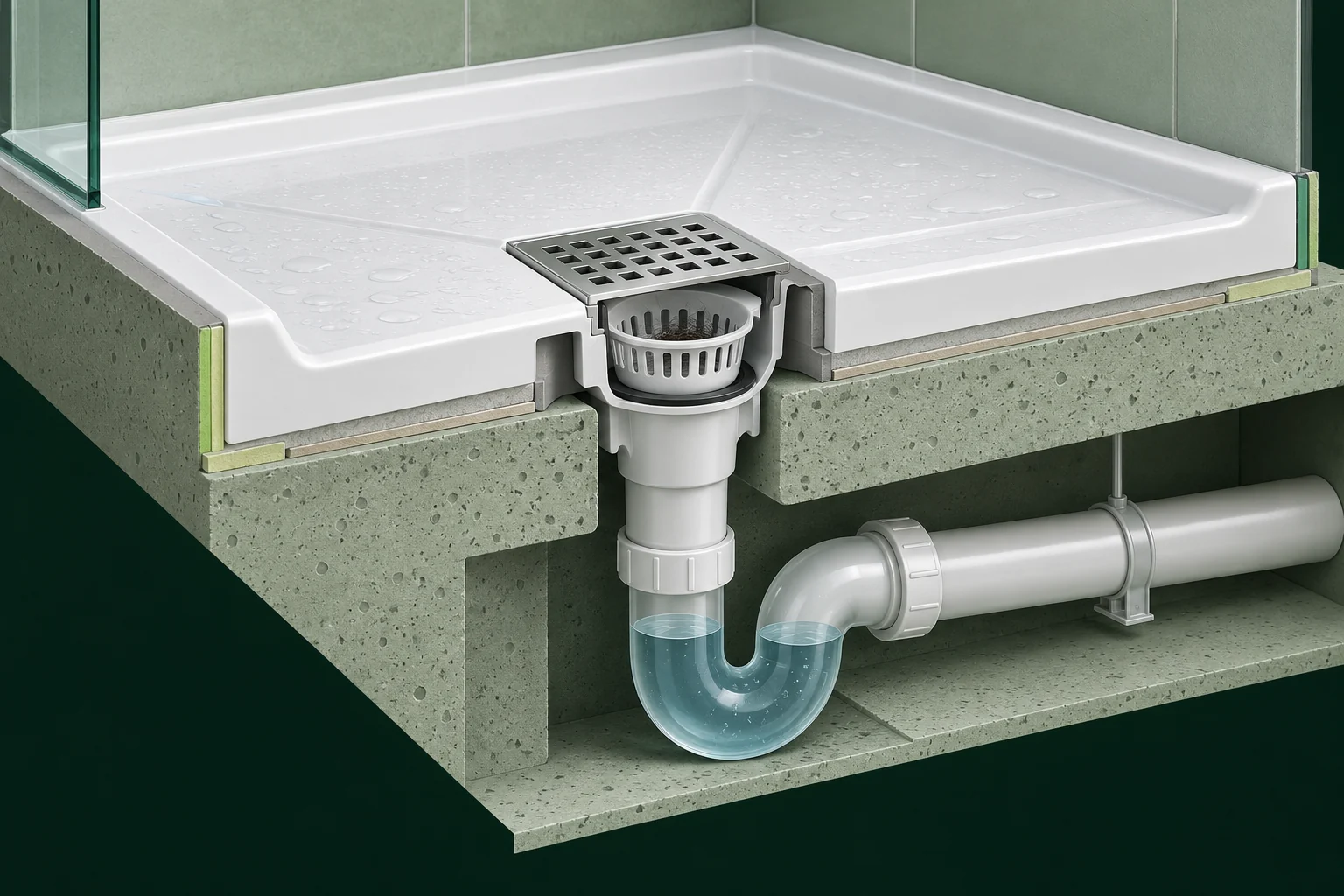 Shower cutaway showing the grate, hair basket and hidden trap below the floor.