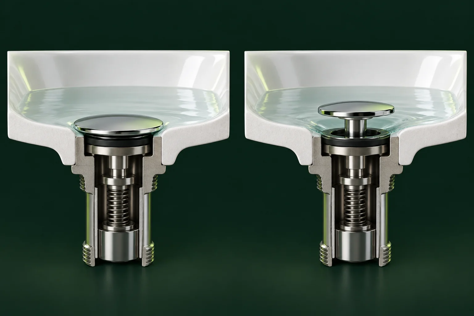 Two basin outlets showing a closed stopper and a raised stopper.