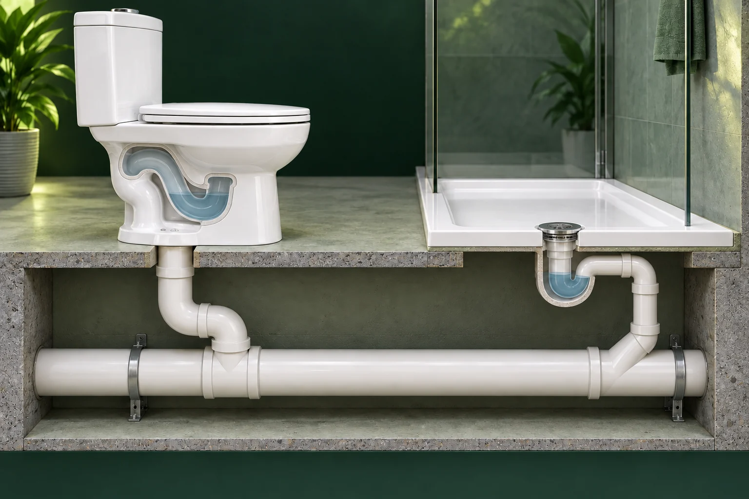Toilet and shower connected by a drain branch below the floor.