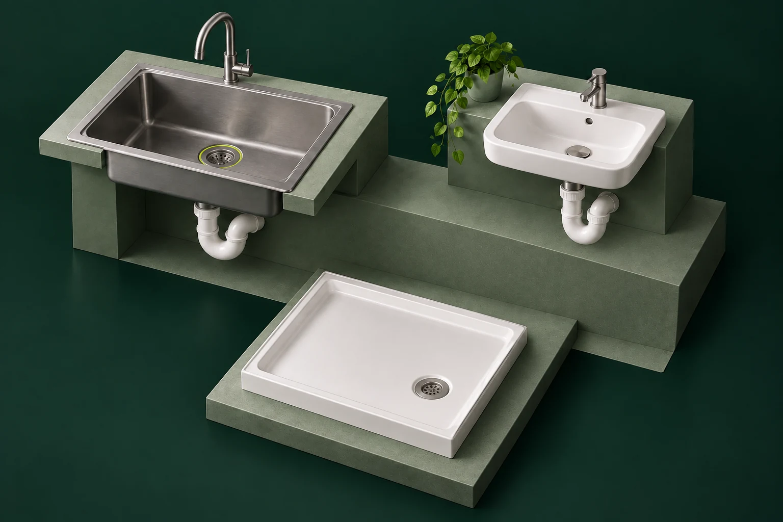 Kitchen sink, bathroom basin and shower as distinct household drain points.