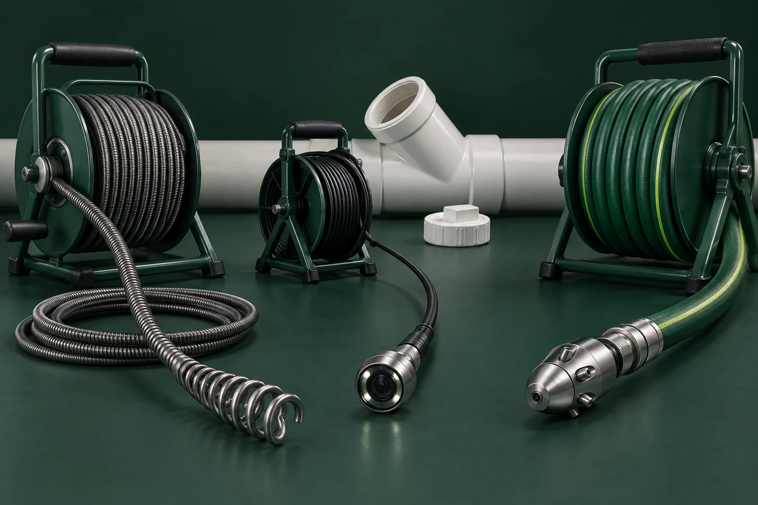 Clearing cable, inspection camera and water nozzle for three different tasks.