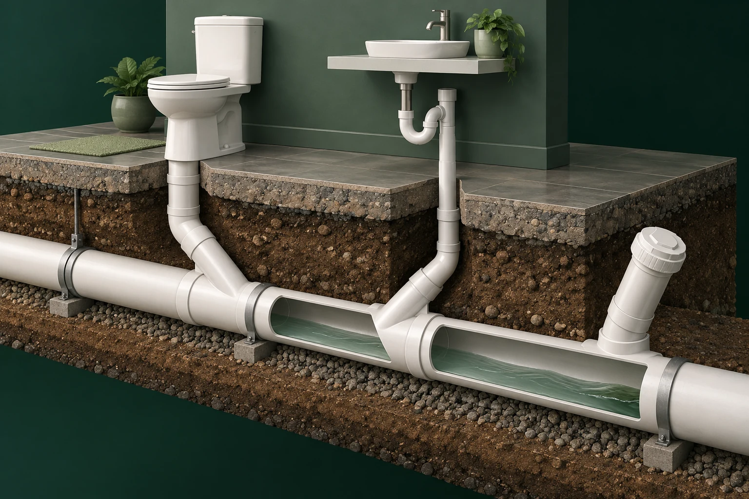 Main drain beneath a floor with fixture branches and a cleanout.
