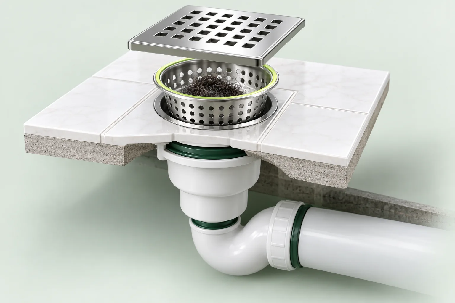 Layered illustration of a grate, basket with visible hair, and outlet below the floor.