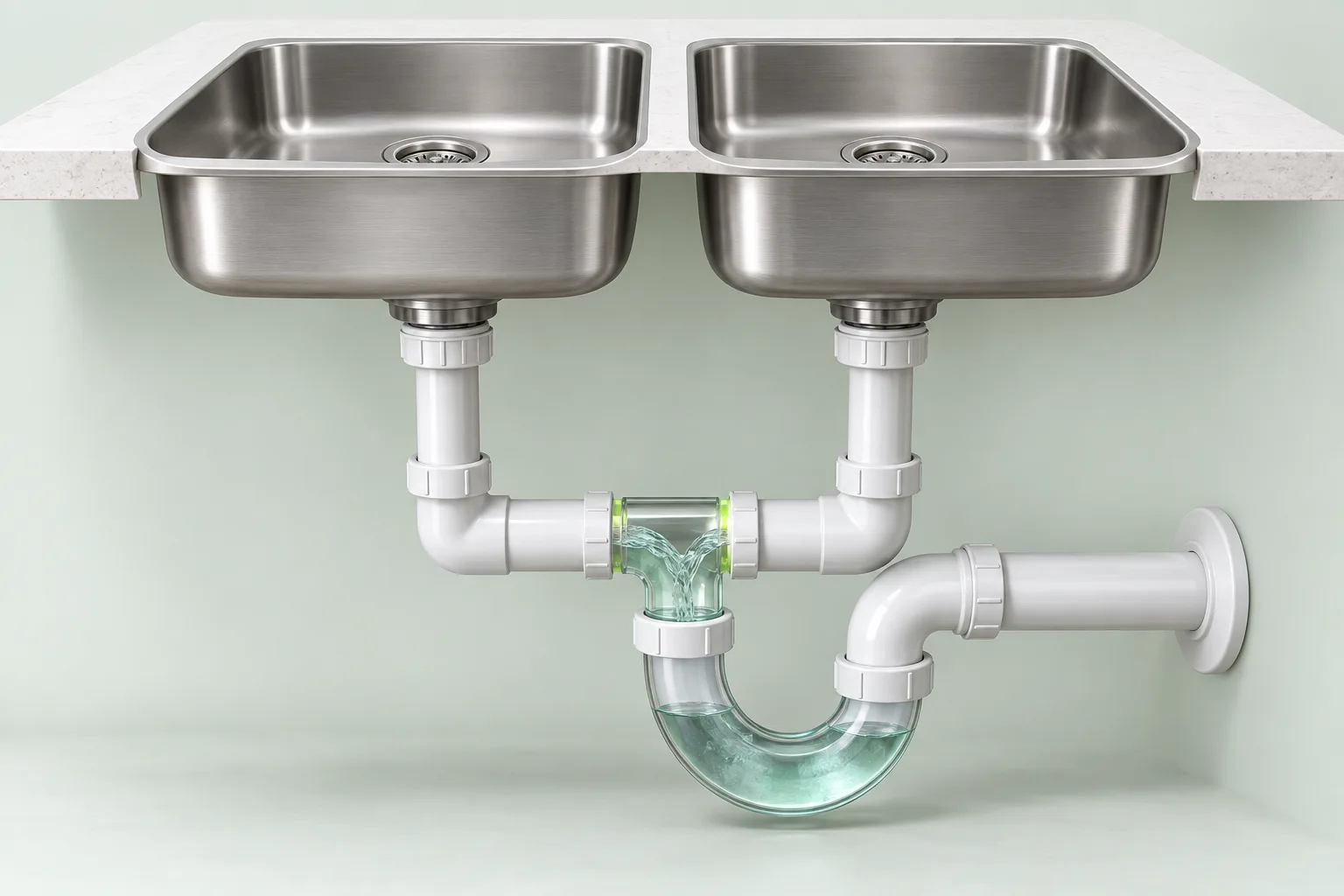 Two sink bowls connected to a common outlet and trap.