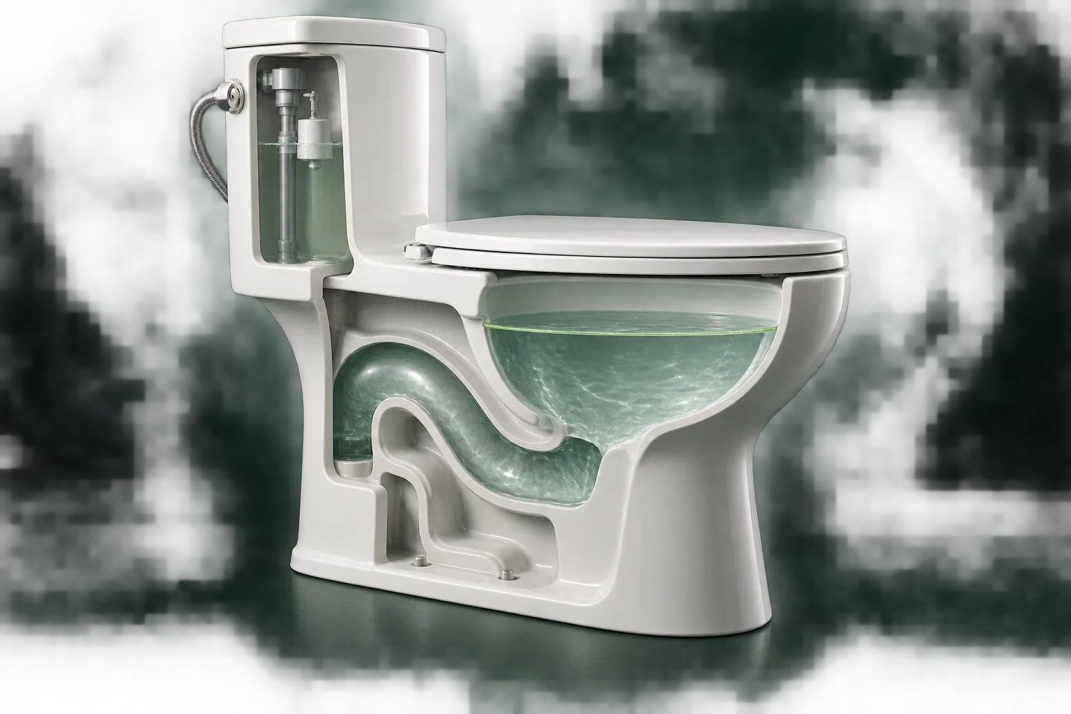 Cutaway toilet showing bowl water and the integral drain passage.