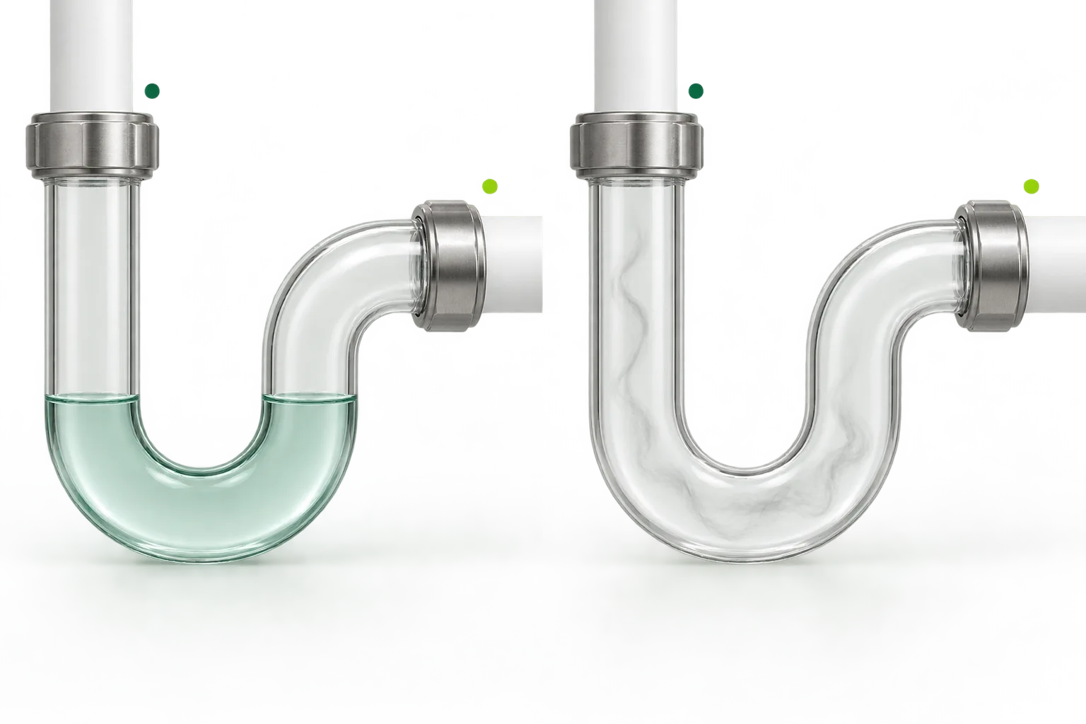 Two transparent traps: one retains water in its bend; the other is dry.