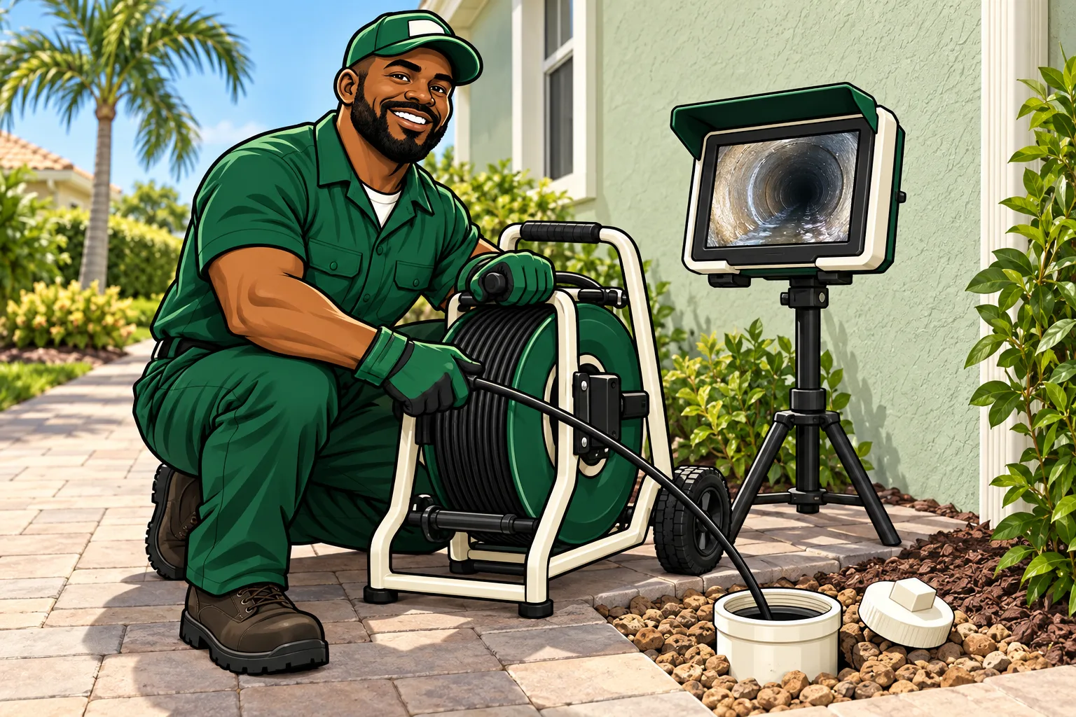 A Drain Boys mascot uses a sewer camera reel and monitor beside a cleanout.