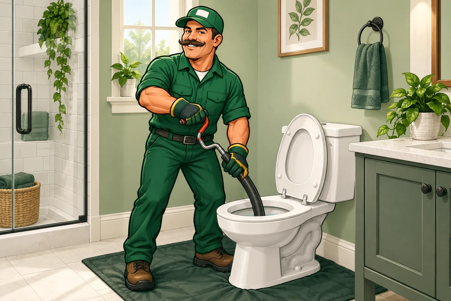 The moustached Drain Boys mascot clearing a toilet with an auger.